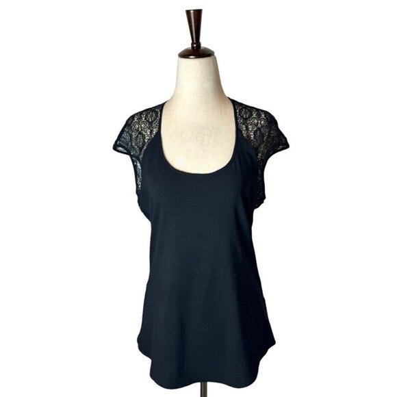 Helmut Lang Black Puckered Lace Detail Scoop Neck Short Cap Sleeve‎ Top Size M - Picture 2 of 10